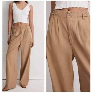 MADEWELL Harlow Wide Leg Linen Blend Pants Size 6 Petite Khaki NWT Casual Preppy
